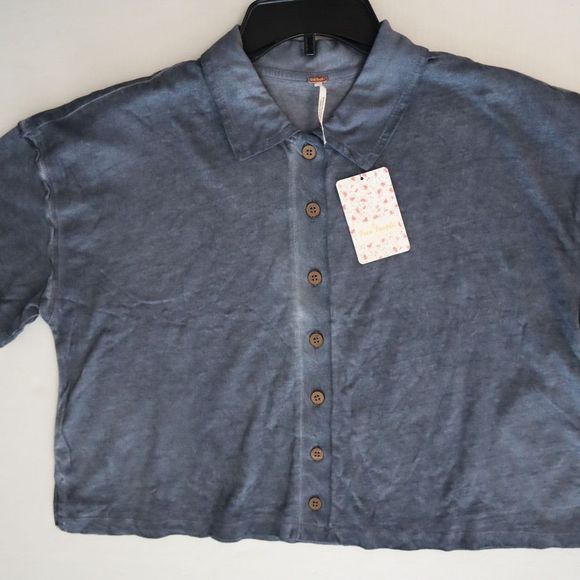 Free People OB1089303 Womens Sz S Navy Weekend Rush Button Down Collared Top - Picture 4 of 7